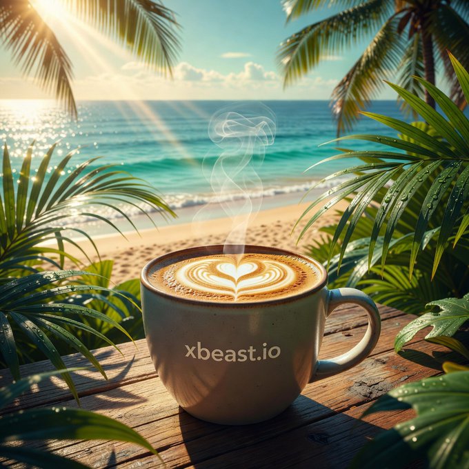 A steaming cup of latte art coffee sits on a wooden table overlooking a tropical beach, with 'xbeast.io' printed on the mug.