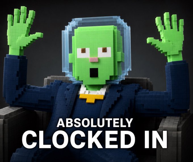 A 3D voxel/zombie character in a blue suit with raised green hands and a shocked expression, captioned 'ABSOLUTELY CLOCKED IN'.