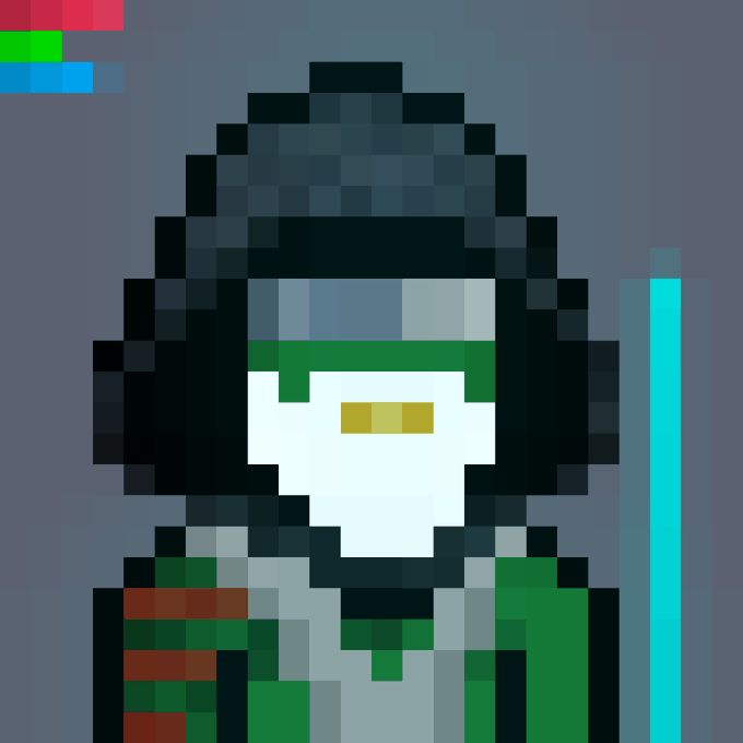 A pixel art character with a dark hood, green visor, and a blue lightsaber against a dark background.