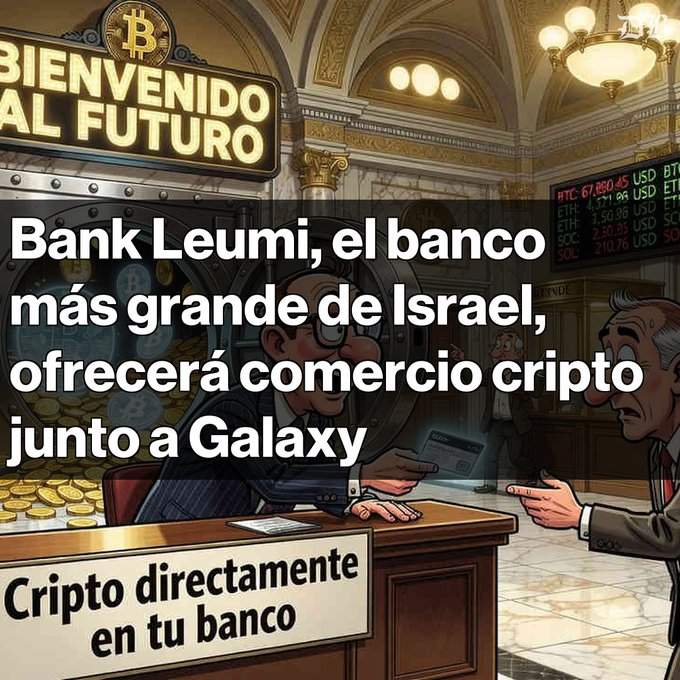 A Spanish-language graphic features cartoon characters in a bank with the text "Bank Leumi, el banco más grande de Israel, ofrecerá comercio cripto junto a Galaxy" and "BIENVENIDO AL FUTURO" / "Cripto directamente en tu banco."
