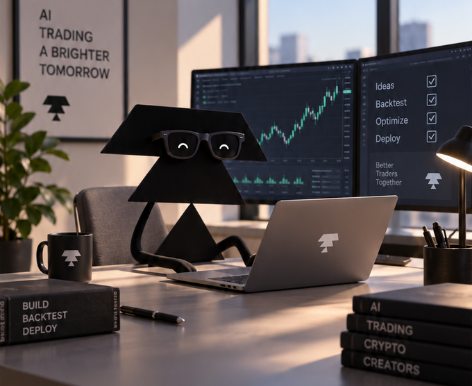 An AI-themed desk setup features a black triangular character wearing glasses sitting at a laptop, flanked by dual monitors displaying stock charts and checklists ('Ideas', 'Backtest', 'Optimize', 'Deploy'), with framed text on the wall reading 'AI TRADING A BRIGHTER TOMORROW'.