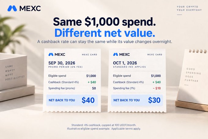 A MEXC promotional graphic titled 'Same $1,000 spend. Different net value.' compares two cashback receipts: one from 'SEP 30, 2026' showing a $40 net return during a promo period, and another from 'OCT 1, 2026' showing a $30 net return after standard fees apply.
