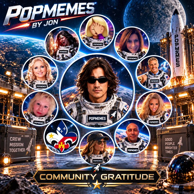 A promotional graphic for 'POPMEMES BY JON' featuring a space/mission motif with 'COMMUNITY GRATITUDE' text, displaying a central male astronaut surrounded by smaller circular portraits of various people in space suits, set against a backdrop of a rocket launch with 'CREW MISSION TOGETHER' and 'GOOD PEOPLE BRIGHTER TIMES' text.
