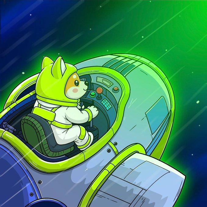 A cartoon Shiba Inu dog in a green space helmet and astronaut suit pilots a futuristic spacecraft through a green-glowing starfield, perfectly capturing the "$ASTEROID" meme's adventurous pup-on-a-mission vibe as it soars through the cosmos.