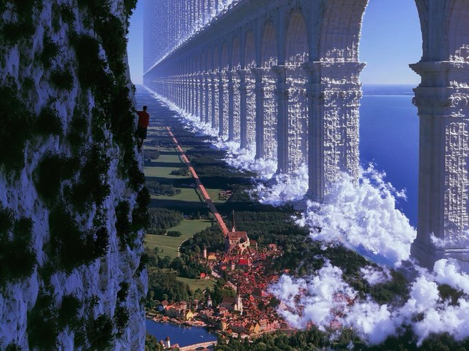 A surreal digital artwork depicting a tiny rock climber scaling a massive colonnade that stretches across the sky above a medieval European village.