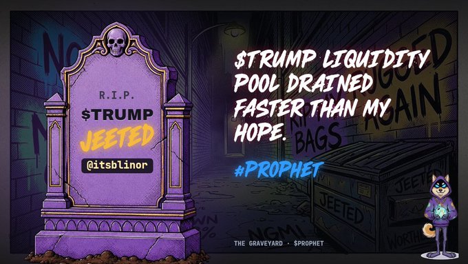 A graveyard-themed cartoon graphic featuring a tombstone reading 'R.I.P. $TRUMP JEETED @itsblinor' with the caption '$TRUMP LIQUIDITY POOL DRAINED FASTER THAN MY HOPE. BAGS #PROPHET' and a small raccoon mascot.