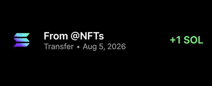 A notification shows a transfer of "+1 SOL" From @NFTs dated Aug 5, 2026, indicating a recipient received a 1 SOL prize as one of the winners in the giveaway contest.