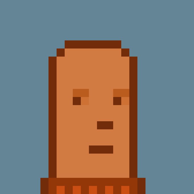 A minimalist pixel-art style illustration of a brown rectangular face with simple square eyes and a straight-line mouth against a muted blue-gray background.