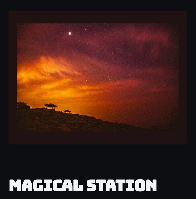 Stylized poster image of a night sky with stars and orange clouds over silhouetted pavilions on a hill, captioned 'MAGICAL STATION'.