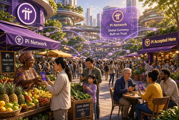 A vibrant outdoor market scene depicts various people using smartphones with the Pi Network logo, with overhead holographic text reading 'Pi Network: Global Currency Built on Trust.'