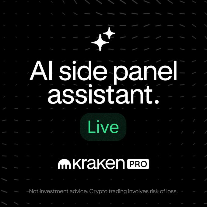 The image is a promotional graphic for Kraken Pro's AI side panel assistant, featuring a black background with white text reading "AI side panel assistant." alongside a green "Live" badge and the Kraken Pro logo. Sparkle icons and a radial dot pattern decorate the design, with a disclaimer at the bottom noting "Not investment advice. Crypto trading involves risk of loss." The graphic visually reinforces the post's message about the newly launched AI assistant feature available within the Kraken Pro trading platform.
