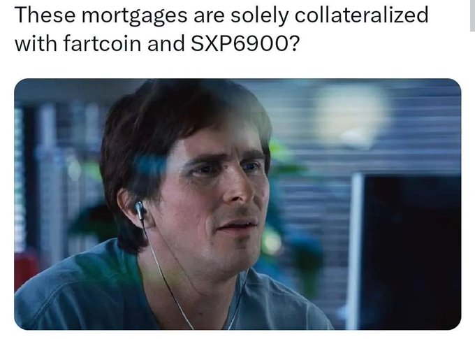 A meme featuring a screenshot of a man looking confused with the text 'These mortgages are solely collateralized with fartcoin and SXP6900?'