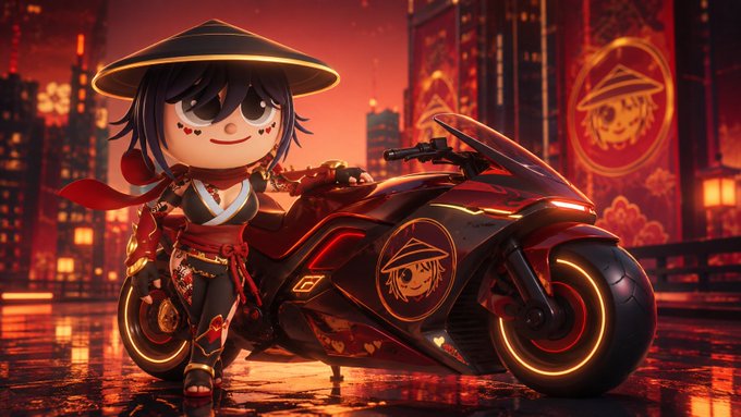 A chibi samurai character wearing a conical hat stands beside a sleek black motorcycle, both adorned with a cartoon eye logo, set against a neon red cityscape backdrop featuring a glowing city emblem. The image promotes the "FindYourIrisse" NFT collection on OpenSea (opensea.io/collection/the…), tying the bold warrior imagery to the post's motivational message of staying unstoppable.