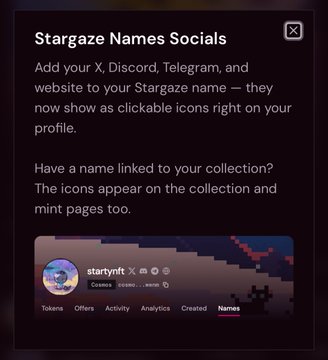 A digital interface titled 'Stargaze Names Socials' explains that users can add X, Discord, Telegram, and website links to their Stargaze profile, displaying them as clickable icons on their collection and mint pages.