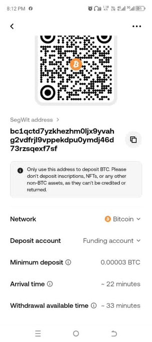 A screenshot of an OKX Bitcoin deposit screen displays a SegWit address (bc1qctd7yzkhezhzm0ljx9vahg2vdfrj9vpppekdpu0ymdj46d73rzsqexf7sf) with a minimum deposit of 0.00003 BTC and an arrival time of ~22 minutes, shown to compare against Pi's minimum deposit requirements.