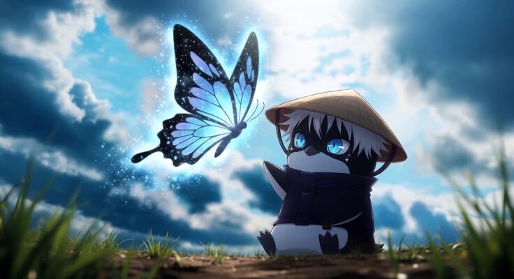 The image features a cartoon penguin sitting on a grassy field, with a butterfly flying nearby. The penguin appears to be holding onto the butterfly as they both enjoy each other's company. In the background, there are clouds that add depth to the scene and create an atmosphere of tranquility. The post about the campaign has been edited to include a reference to the game "crypto" with a caption stating "I'll do it tomorrow: I should've done more".