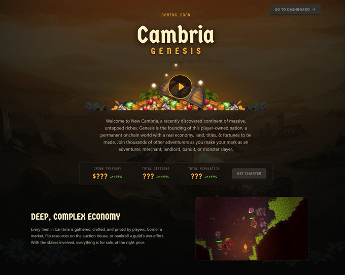 A coming soon webpage for 'Cambria GENESIS' describes a player-owned onchain world with features like a deep economy and shows placeholder stats for 'CROWN TREASURY', 'TOTAL CITIZENS', and 'TOTAL POPULATION'.