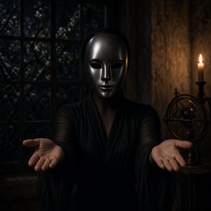 A figure wearing a black mask and dark robes sits in a dimly lit room with a candle, holding out both palms.