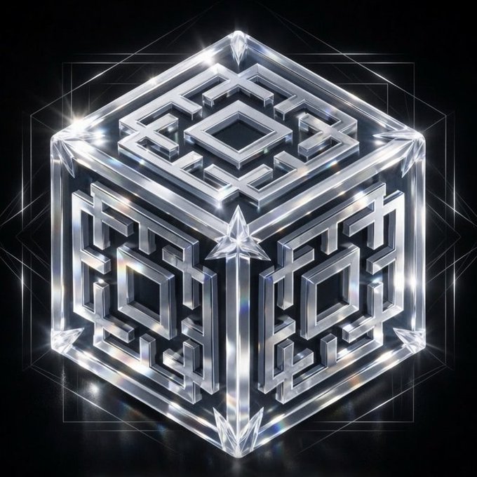 A 3D rendering of a transparent, intricately patterned cube with star-shaped corners glows against a dark background.