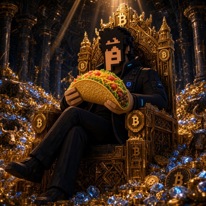A pixelated figure with a Bitcoin logo for a head sits on an ornate golden throne surrounded by piles of gold coins, blue diamonds, and cryptocurrency symbols while holding a large taco.
