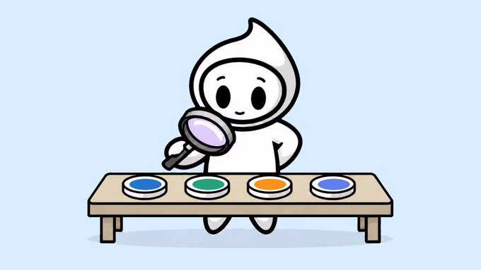 A cartoon illustration of a white hooded character holding a magnifying glass while standing behind a table with four colored circular samples (blue, green, orange, purple).