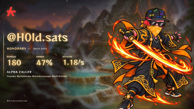 A stylized warrior samurai character with a flaming sword stands against an Asian temple backdrop, featuring the handle "@H0ld.sats" and stats including Damage 180, Armor 47%, and Attacks 1.18/s, with the Twitter post promoting a 110 GTD raffle on @kredoosdotcom.