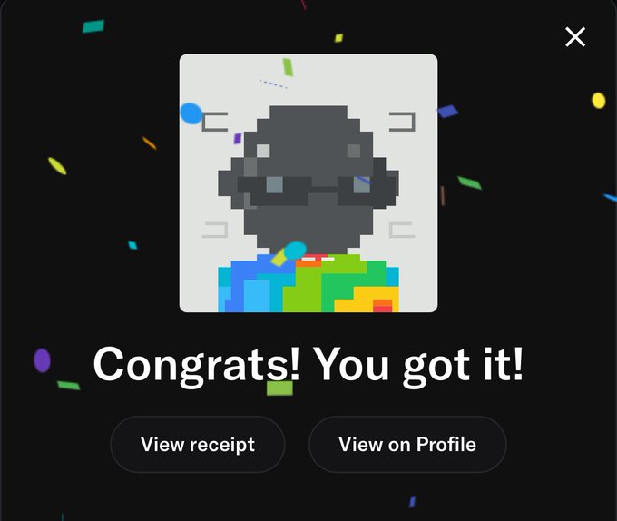 A dark-themed pop-up screen reading 'Congrats! You got it!' with options to 'View receipt' and 'View on Profile', displaying a pixelated mystery NFT-style avatar surrounded by confetti.