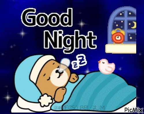 A cute graphic featuring a sleeping bear wearing a blue nightcap, with the text "Good Night" and a "Zzz" speech bubble, along with a small bird and a window showing a clock.