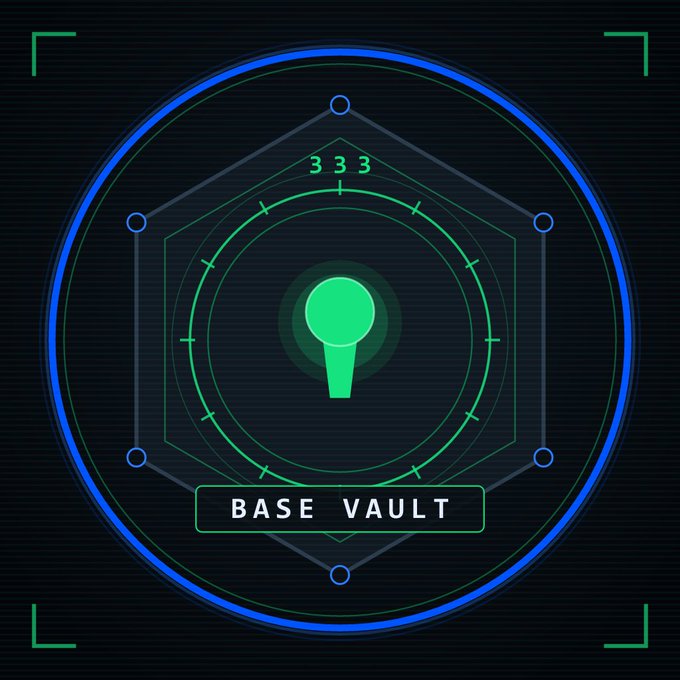 The image features a logo for a game called "Base Vault" that appears to be an on-chain mystery game. The logo consists of a hexagon with a green circle inside, which is labeled "Base Vault." This design suggests that the game revolves around solving puzzles and cracking codes related to the vault's contents or location. The post also mentions that this game has been built by @baseapp developers and @jessepollak, indicating their involvement in creating the game.
