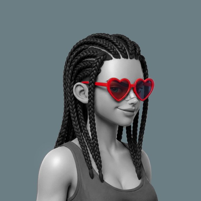 A 3D render of a woman with intricate black braids wearing red heart-shaped sunglasses against a solid blue-grey background.