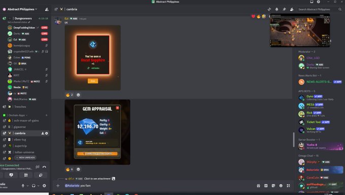 A screenshot of the Discord app showing the 'Abstract Philippines' server, featuring a chat channel with NFT gem appraisal images and active member lists.