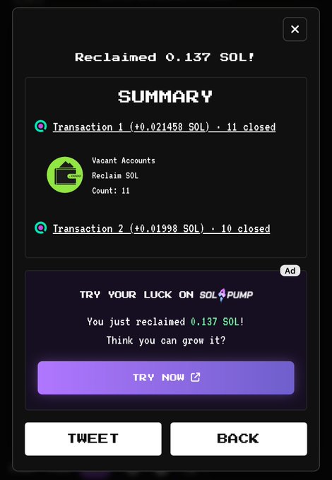 A popup window shows "Reclaimed 0.137 SOL!" with a transaction summary indicating 21 vacant accounts were closed across two transactions (+0.021458 SOL and +0.01998 SOL reclaimed), confirming the token burn referenced in the post where 0.137 SOL was reclaimed to give away to a random follower.
