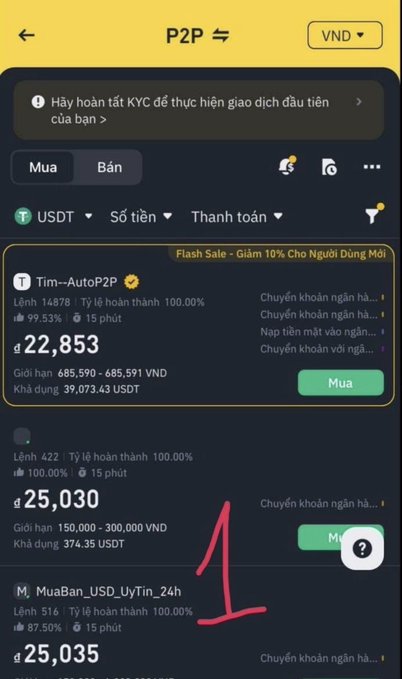 A Binance P2P trading interface in Vietnamese, showing USDT purchase listings with prices in VND (22,853 and 25,035) and a hand-drawn red arrow pointing to the listings.