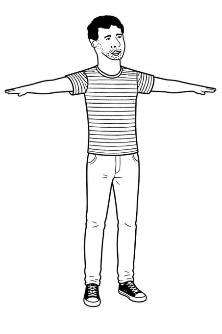 Black and white line illustration of a man in a striped t-shirt and jeans standing in a T-pose with arms outstretched, wearing sneakers.
