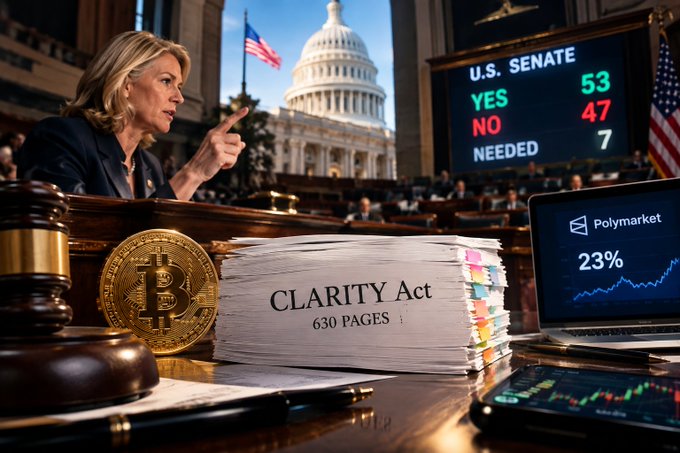 An AI-generated scene depicting a U.S. Senate vote tally (YES 53, NO 47, NEEDED 7) with a woman pointing, the U.S. Capitol in the background, and a stack of documents labeled "CLARITY Act 630 PAGES" alongside a Bitcoin coin and a laptop showing "Polymarket 23%".