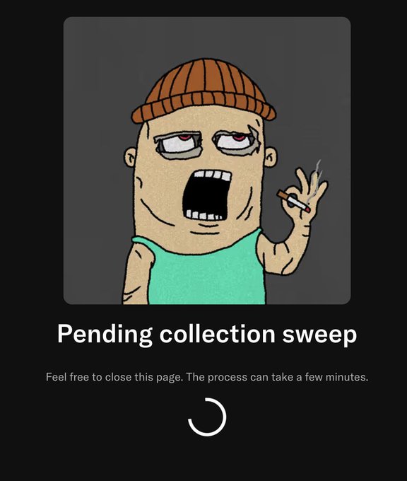 A loading screen or graphic featuring a cartoon character smoking a cigarette with the text 'Pending collection sweep' and 'Feel free to close this page. The process can take a few minutes.'