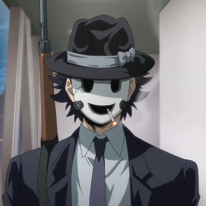 An anime-style illustration of a masked figure wearing a black fedora with a bow tie, smoking a cigarette, and carrying a rifle on their back.