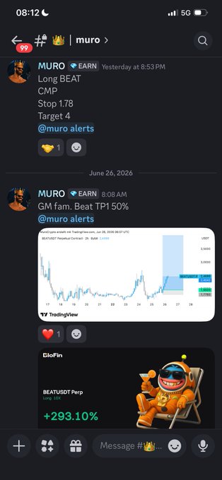 The image shows a Discord screenshot of a channel called "#muro" where the user MURO posts crypto trade alerts, including a "Long BEAT" alert with a CMP and "GM fam. Beat TP1 50%" alert with a chart showing BEATUSDT 4h price movement, plus a BloFin ad highlighting BEATUSDT Perp with a +293.10% gain. This directly supports the post's claim about sharing only 3 coins with 2 becoming top gainers, showcasing BEATUSDT as evidence of the success.