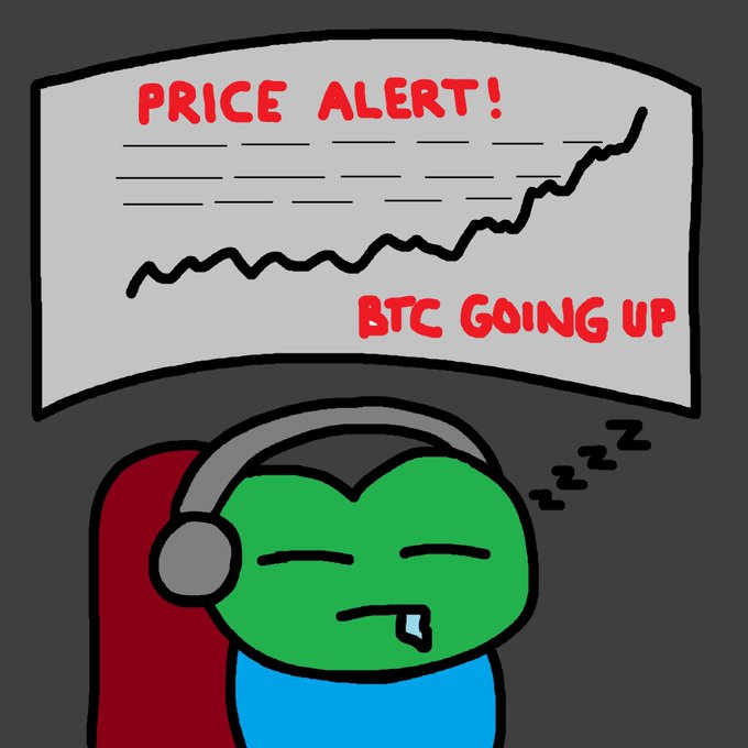 A cartoon green character sleeps soundly with headphones on, drooling while "Z"s float above, completely oblivious to the "PRICE ALERT! BTC GOING UP" notification with a rising chart displayed above them.