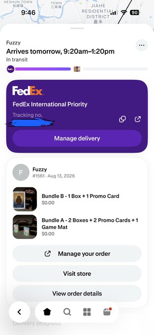 A mobile app screenshot shows a FedEx tracking page for a package from 'Fuzzy' arriving tomorrow between 9:20am-1:20pm, displaying order details including a 'Bundle A - 2 Boxes + 2 Promo Cards + 1 Game Mat' for $90.00.