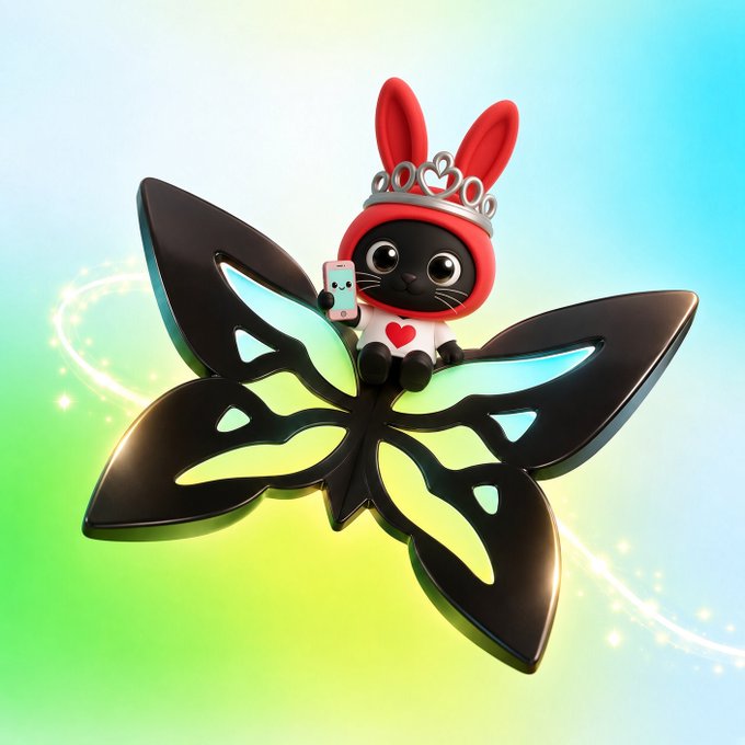 A 3D-rendered cartoon cat wearing a red bunny hood with ears and a tiara, sitting atop a black butterfly with iridescent cyan and green wings, holding a smartphone.
