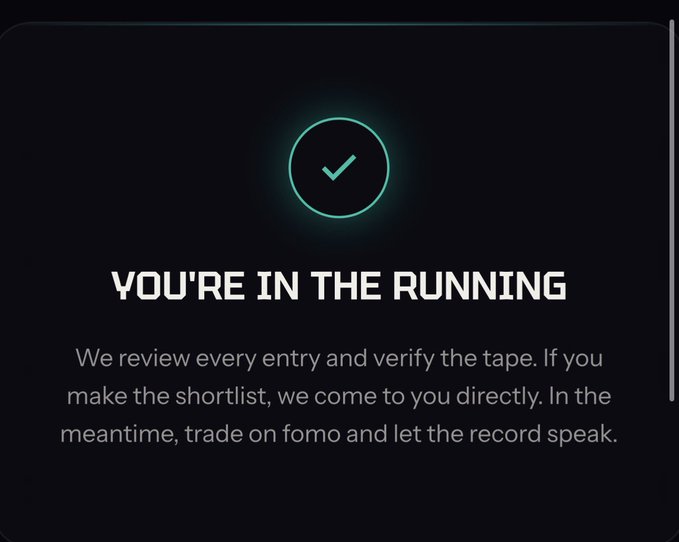 The image displays a confirmation screen with a green checkmark icon and the headline "YOU'RE IN THE RUNING," followed by text explaining that entries are reviewed and tapes verified, with shortlisted participants contacted directly. The message "trade on fomo and let the record speak" ties to the accompanying post's $5k memecoin trading contest via @fomo and @triadxyz, confirming successful registration for the clan wars competition.