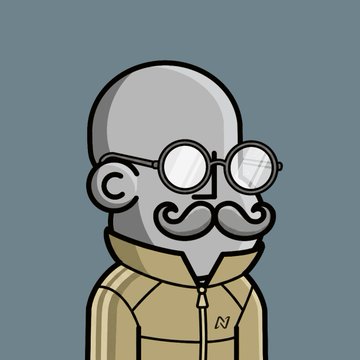 A digital illustration of a bald, gray-skinned cartoon character with a mustache and round glasses, wearing a tan tracksuit with an 'N' logo on the chest against a teal background.