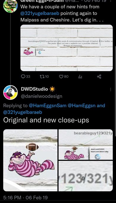 The image shows a Twitter exchange referencing Green Eggs-n-Sam (@HamEggsnSam) and @321yugelbaraeb pointing to a Malpass and Cheshire hint, followed by DWDStudio (@danielwoodesign) sharing close-ups of a Cheshire Cat mural and "bearableguy123y321y" watermark. The poster uses this to sarcastically claim "The bear told us already $XRP TO ZERO," interpreting the bear imagery and posted photo as a bearish crypto signal disguised as marketing.