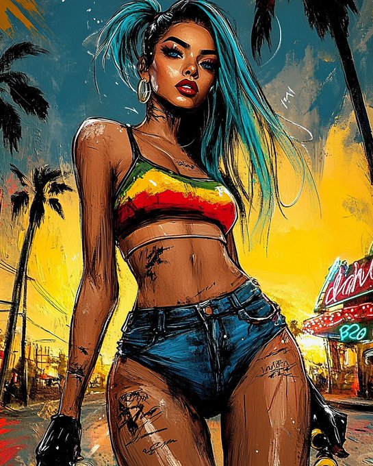 A stylized illustration of a woman with teal hair in a Rasta-colored crop top and denim shorts against a tropical Miami sunset, featuring neon "BBQ" signage and palm trees that match the artwork's "Miami Vibes" theme.