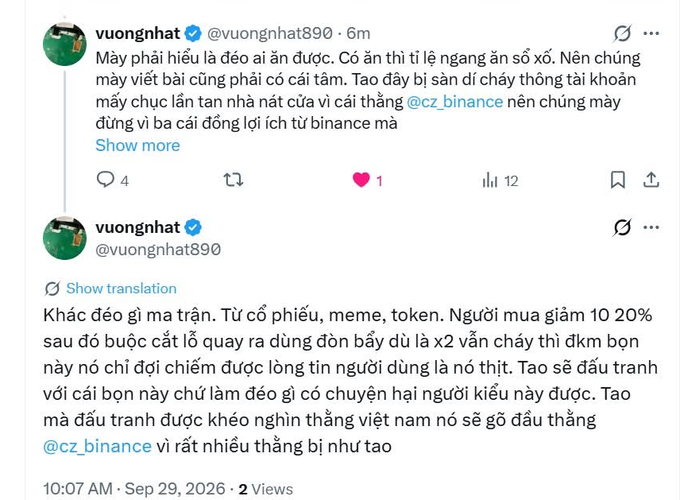 Two tweets from verified user @vuongnhat890 in Vietnamese, criticizing the @cz_binance account and discussing cryptocurrency/meme token controversies, posted September 29, 2026.