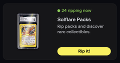 A Solflare wallet promotional screen shows "24 ripping now" with a "Solflare Packs" banner and a yellow "Rip it!" button. The image relates to the post by displaying the live pack-ripping feature that the user used to spend $1.5k opening packs.