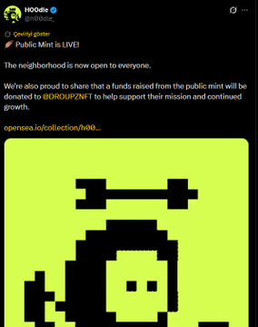 A social media post from HODLr announcing the "OPEN" phase of the DROUPZ Public Mint, mentioning a donation to support their mission, alongside pixel-art branding featuring a dumbbell and character icon, tied to DROUPZ holders getting access to free mints on Robinhood Chain.