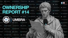 A promotional graphic titled "OWNERSHIP REPORT #14" for "UMBRA" featuring a statue holding a paper, with a repeating background pattern of the word "umbra".