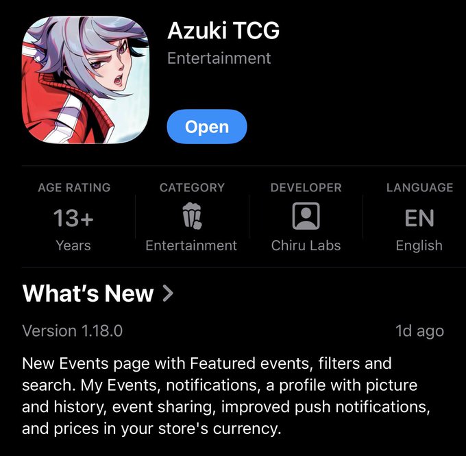 The image shows the App Store listing for "Azuki TCG," an entertainment app developed by Chiru Labs, rated 13+ and available in English. Version 1.18.0 was released 1 day ago, introducing a new Events page with featured events, filters, search, notifications, profile features, event sharing, and improved push notifications. The listing supports the post's announcement of Azuki TCG's worldwide app launch and its expanding community.